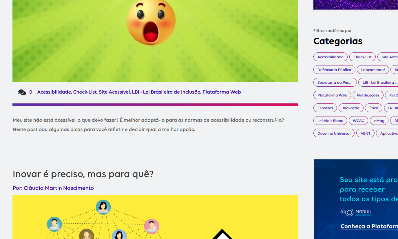 Captura de tela de um blog com artigos sobre acessibilidade e inovação, apresentando títulos, imagens ilustrativas e tags relacionadas.