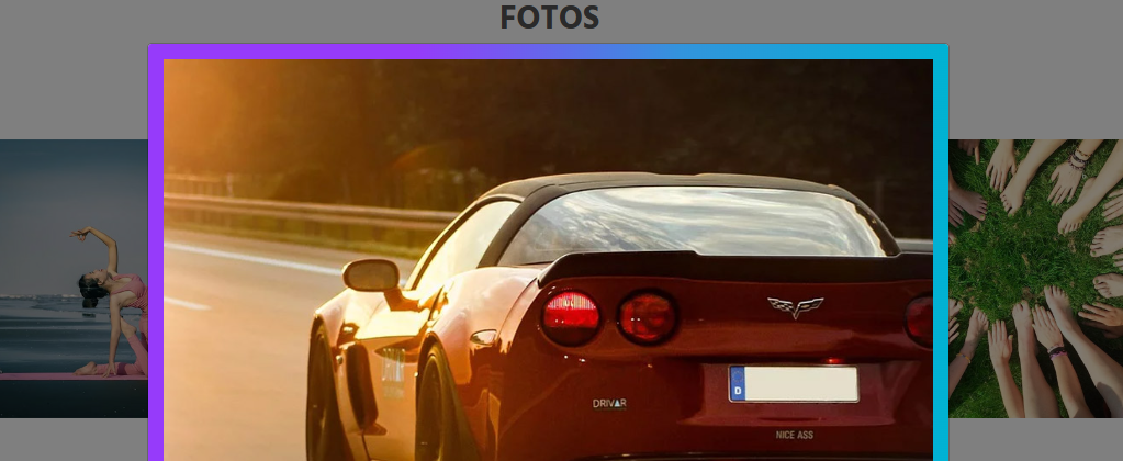 Imagem de foto de carro ampliada em uma modal com borda em degradê de lilás ao azul. Ela está por cima de uma página com galeria de fotos.
