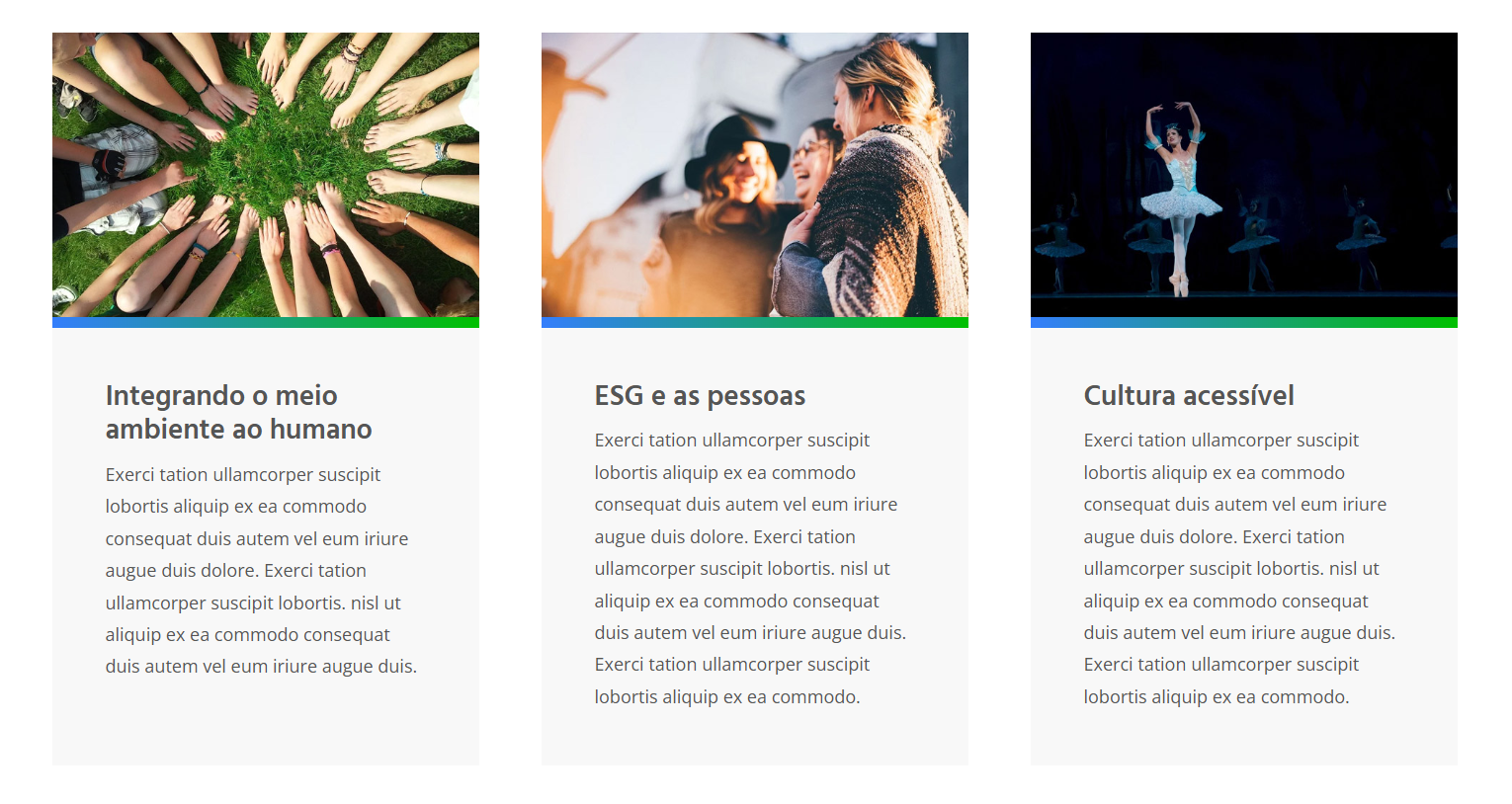 Imagem com 3 colunas de conteúdo contendo uma foto, um título e um bloco de texto em cada uma.